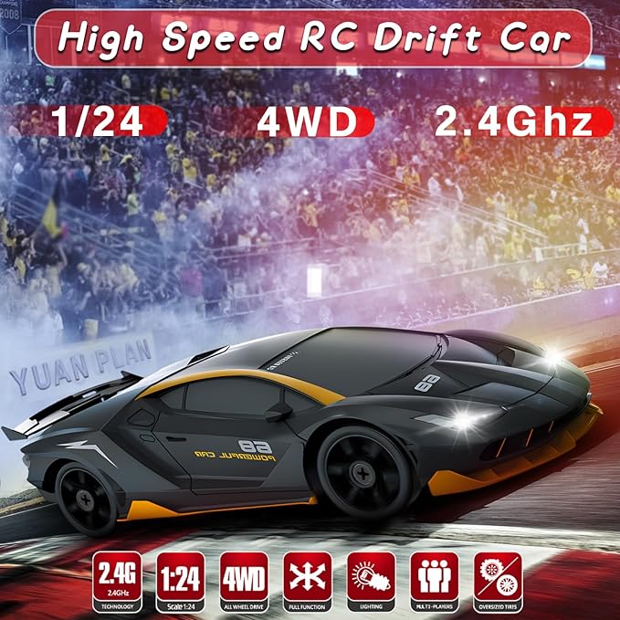 RC Drift Car, 1/24 Remote Control Car 4WD RC Cars for Kids, 2.4GHz Hobby Racing Car Toys Drifting RC Car with LED Light Rechargeable Battery and Drift Tires Toy Cars for Boys Black