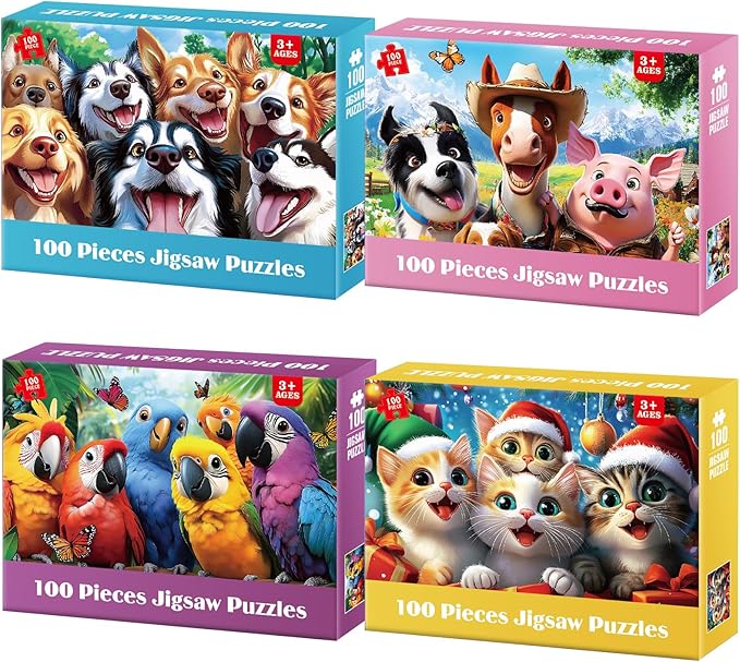 4 Packs Puzzles for Kids Ages 4-6 - Cute Animal Selfies, 100 Piece Puzzles for Kids Ages 6-8 8-10, Large Piece Puzzle for Seniors Adults, Educational Games Toys for 5 Year Old Boys and Girls