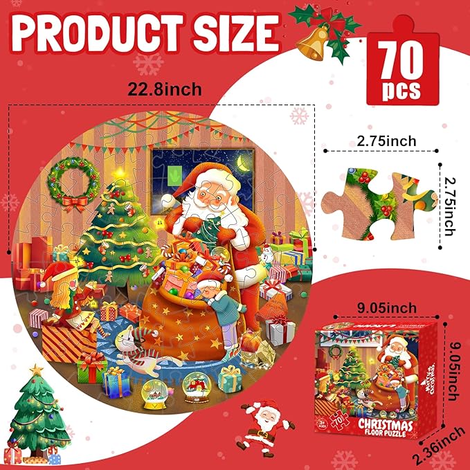 Christmas Floor Puzzles for Kids Age 4-8 & 8-10, 70Pcs Large Jigsaw Puzzles, Learn Educational Toys - Xmas Gifts for Boys & Girls
