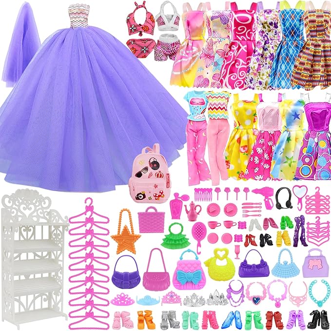K.T. Fancy 108 Pcs 11.5 Inch Dolls Closet Wardrobe Include Clothes, Dresses, Shoes and Other Stuff for Girl Doll as Xmas Gift Present
