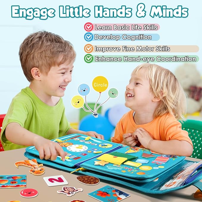 Green Montessori Busy Board Book for Toddlers 1-3, Montessori Toys for 1-3 Year Old Boy Birthday Gift, Educational Quiet Activity Books for Toddlers 1-3, Ages 2-4 Travel Toys for Airplane Car