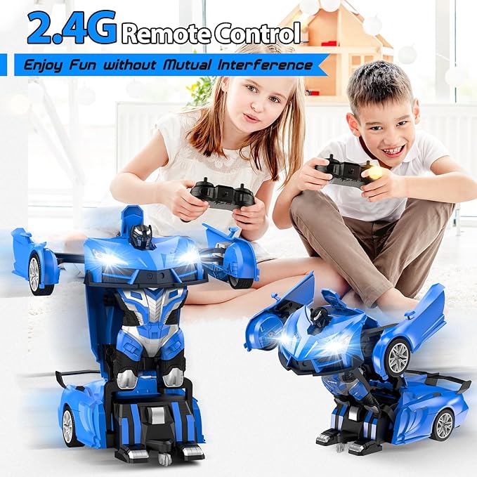 Remote Control Car，Transform Robot RC Cars with Cool LED Headlights, 2.4Ghz Toys Car with 360 Degree Rotation and One-Button Deformation, Christmas Birthday Gifts for Boys Girls(Blue)