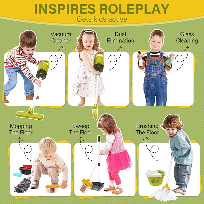 Dreamon Toddler Cleaning Set - 14Pcs Kids Cleaning Toy Set with 2-in-1 Kids Vacuum That Really Works, Pretend Home Cleaning Play Set for Toddler Age 3-7, Christmas Birthday Gift for Girls Boys