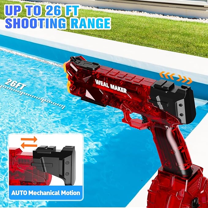 artcool Stronger Electric Water Gun for Kid/Aldult,Transparent Automatic Squirt Guns High Powered IP67 Waterproof, Water Guns with 400 Ammos for Outdoor Summer Beach Pool （Red）