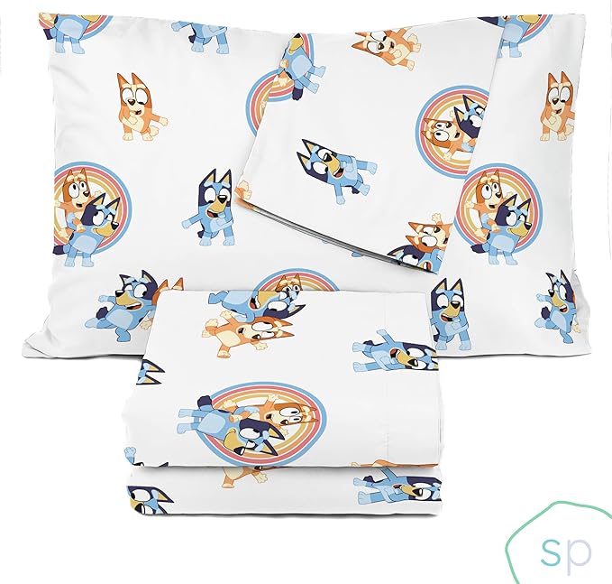 Saturday Park Bluey and Bingo Rainbow Clouds Full Sheet Set - 4 Piece 100% Organic Cotton Sheets with Pillow Cover - GOTS & Oeko-TEX Certified