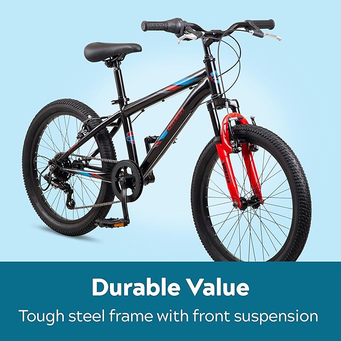 Cavern Mountain Bike for Youth or Adult Boys Girls, 7 or 21-Speed Twist Shifter Options, 20/24/26-Inch Wheels, 11 to 17.5-Inch Steel Frame, Front Suspension, Kickstand Included