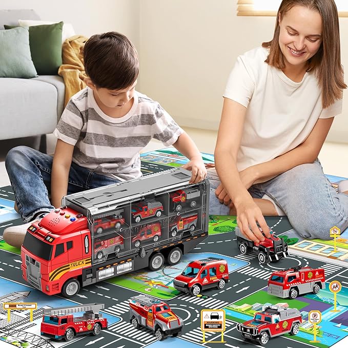 Toddler Boys Toys for 3-5 Years Old, Fire Truck Vehicle Toy Set with Play Mat, Die-Cast Toy Car Carrier Truck for Boys Kids, Birthday Gifts Toys for 3-8+ Year Old Boys
