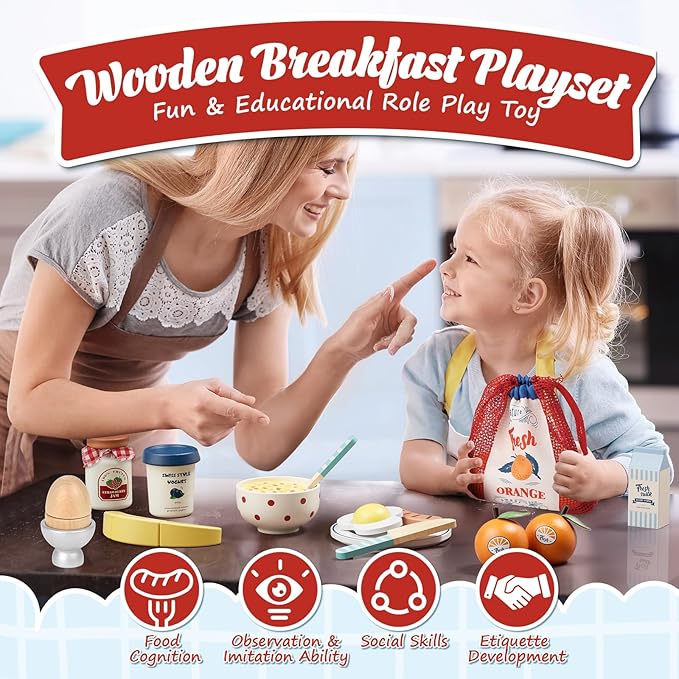 Lehoo Castle Wooden Play Food Set - Montessori Cutting Fruit Egg Bread, Pretend Breakfast Food Toys for Kids Kitchen, Educational Toddler Toys 3-5 Years, with Storage Bag, Birthday Gift for Boys Girls