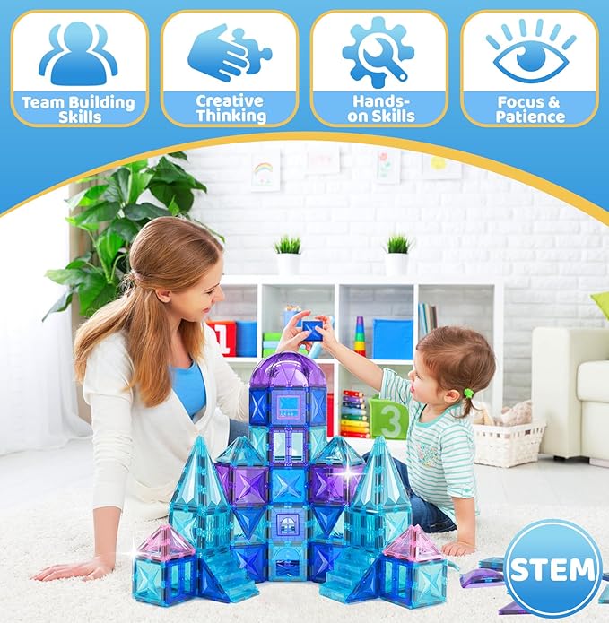 130Pcs Magnetic Tiles, 3D Diamond Magnetic Building Blocks Toys for Girls, STEM Sensory Educational Toys for Toddlers Kids, Birthday for Girls 3 4 5 6 7 8+ Year Old