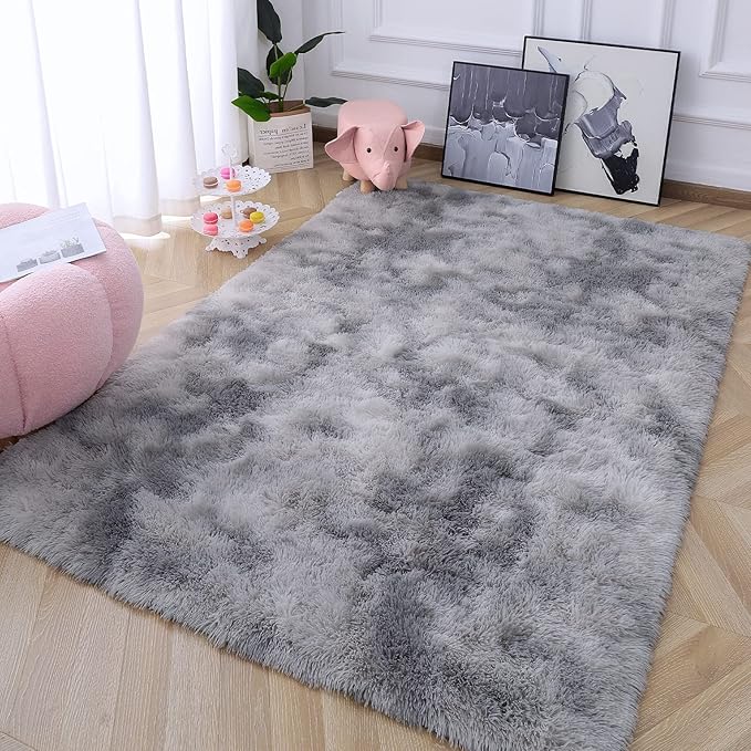 AROGAN Soft Rainbow Area Rugs for Girls Room 5x8 Feet, Fluffy Girls Bedroom Rugs, Princess Rug, Cute Colorful Carpet for Kids Teens Nursery Toddler, Grey
