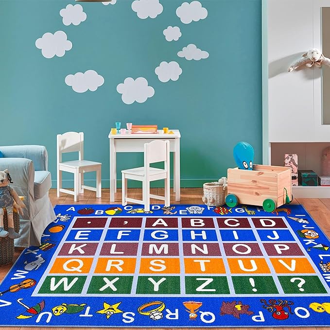 Ottomanson 5' x 6'6" Alphabet Kids Rug - Educational ABC Play Mat for Playroom, Bedroom, Daycare & Classroom - Fun & Interactive Learning Carpet - Durable & Non-Slip for High-Traffic Areas, Blue
