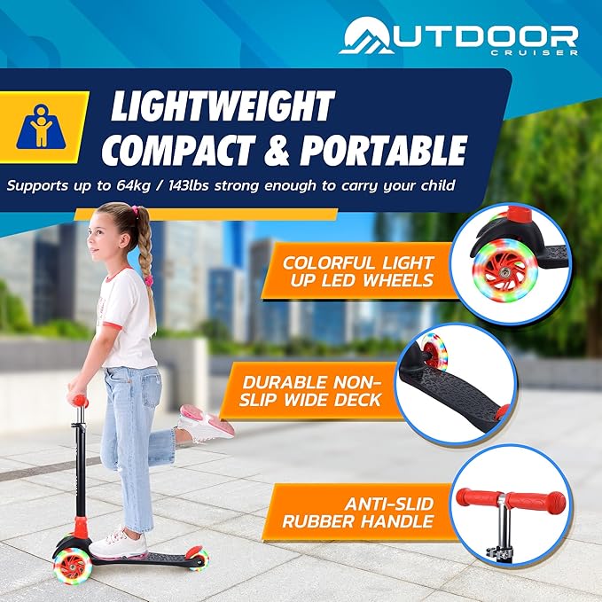 Outdoor Cruiser 3-Wheel Kids Scooter – with Lean-to-Steer Technology, Led Lighted Wheel, 4-Level Adjustable Height T-bar Handle, Support Kids Up to 150 Lbs, for Boys & Girls Ages 3-8, Black and Red