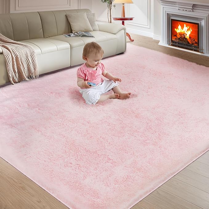 Fluffy Cute Rug for Living Bedroom, Pink Fluffy Soft Plush Area Rugs for Girls Bedroom, Fuzzy Nursery Rug for Baby's Toddler's，Clorful Room Decor for Teenage, Easy-Cleaning, Non Shedding, 3X4