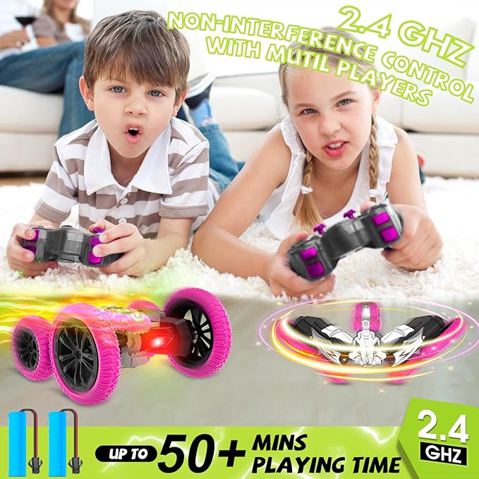 Remote Control Car, 360° Rotating RC Stunt Car with Lights and Spray, 2.4Ghz 4WD Double-Sided Driving RC Car Toys for Kids, Outdoor Dinosaur Truck Gift for Boys and Girls Age 4-7,8-12 (Pink)