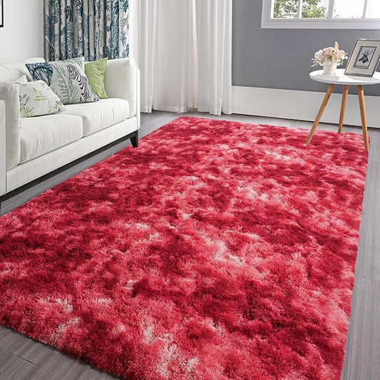 Pettop Fluffy Shag Area Rug, 4x6 Tie-Dyed Plush Fuzzy Rugs for Living Room, Ultra Soft Shaggy Rugs for Bedroom, Non-Slip and Washable Indoor Carpet for Girls Kids Room Home Decor, Burgundy Red