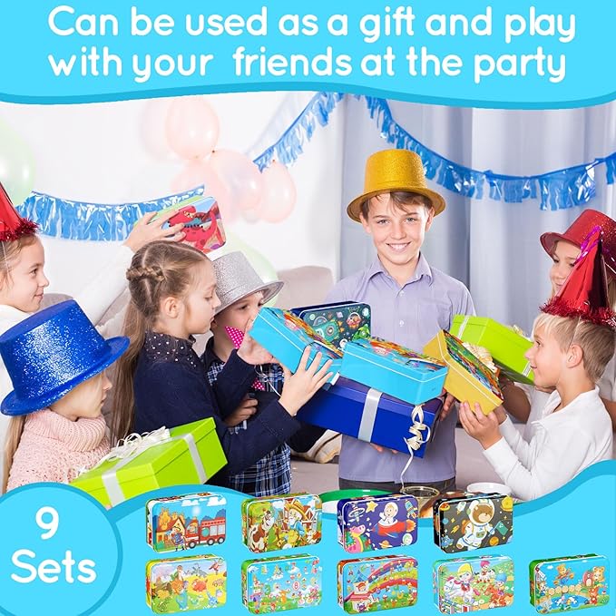 Libima 9 Boxes Party Favors Jigsaw Puzzles in a Metal Box for Age of 4-8 Wooden Puzzle for Ages 4-8 Boys and Girls Learning Educational Toys 9 Styles(Cool Style)