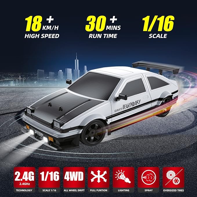 Remote Control Car RC Drift Car for Adults, 1/16 2.4GHz Small RC Drift Car 4WD Drifting RC Car with LED Lights Rechargeable Battery and Drifting Tires Toy Cars for Boys Kids
