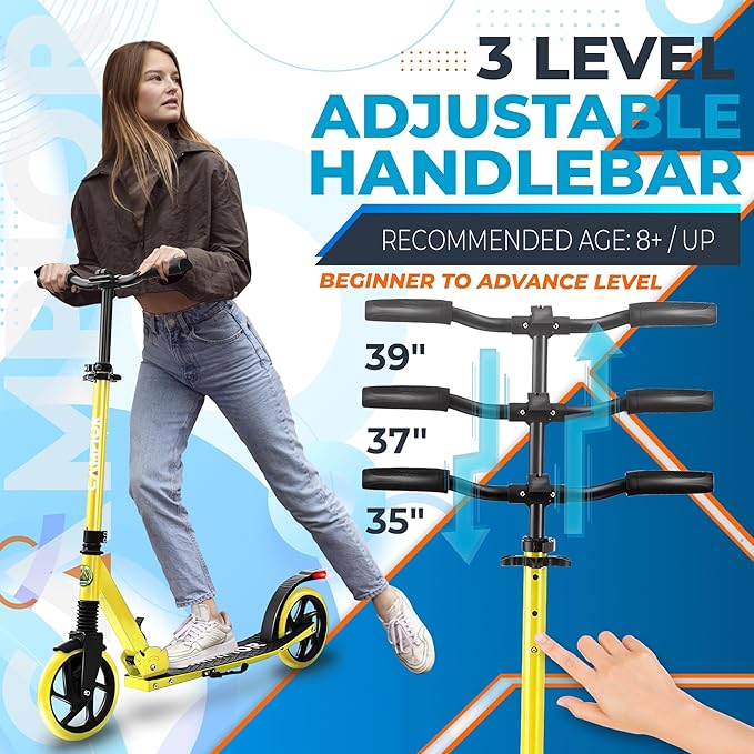 Kick Scooter for Ages 6+, for Kids, Teens, and Adults, Max Load 240 LBS, Foldable, 8-inch Big Wheels for Kids and Adults, with Kickstand, 3 Adjustable Levels, Child Safety Approved, Yellow