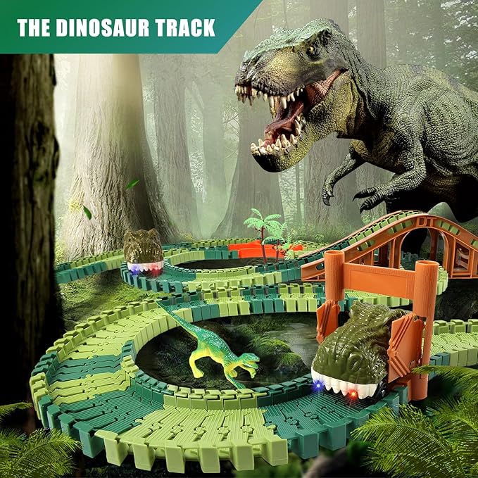 Jurassic Dinosaur Toys Race Car Track for Boys Age 4-7 Dinosaur World Road Race - Flexible Train Track Playset with 2 Cars and 8 Dinos-Todder Kids Best Gifts Ideas 3 5 6 Years Old (220+pcs) DDAI