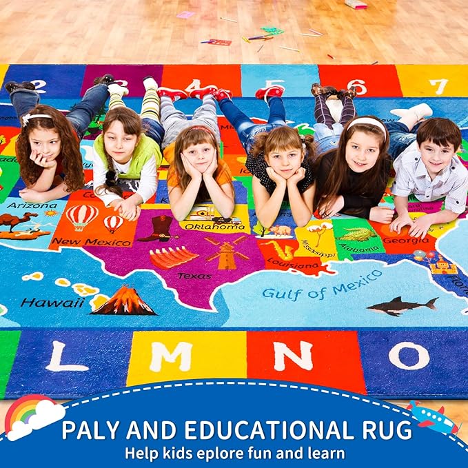 USA Map ABC Kid Rug 47x70.9IN for Playroom & Classroom - Fluffy, Non-Slip, Educational Baby Playmat with Alphabet Design