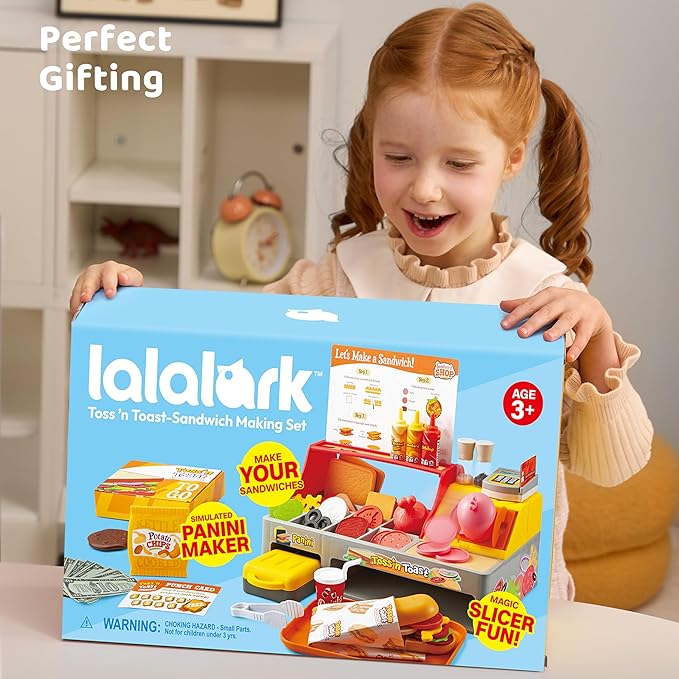 Pretend and Play Food Toy for Kids Toddlers, Play Kitchen Accessories Include Sandwich Maker Toy with Slicer for Ham, Menu and Ingredients, Play Restaurant Food Toy for Girls Birthday Gift