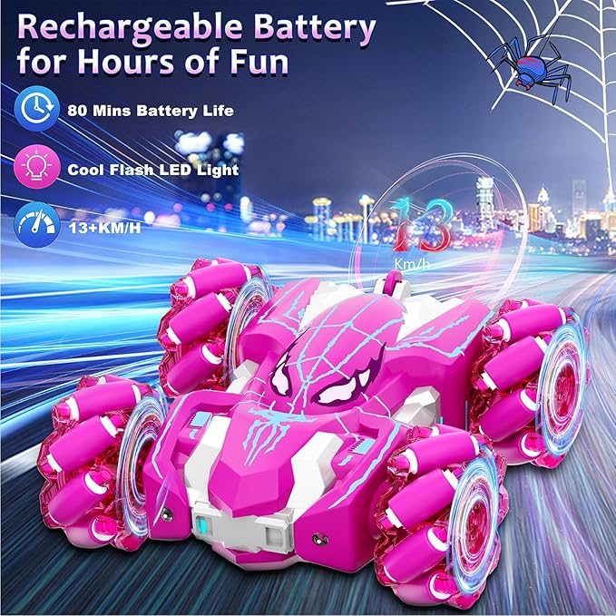 Remote Control Car for Girls, Rechargeable RC Cars Toys with Cool Lights, 2.4Ghz Double Sided Drift RC Stunt Cars, 360°Rotating 4WD Off-Road Race Car for 4-6 6-12 Girl Kids Gifts