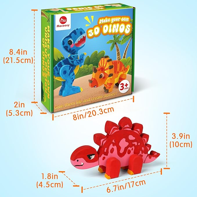 Mocoosy Wooden Dinosaur Painting Art Craft Kit for Kids 3-5, Wood Take Apart Dinosaur Snap Together Building Toy,Build Your Own Dinosaurs with Paint and Stickers STEM Game Creative Gift for Boys Girls