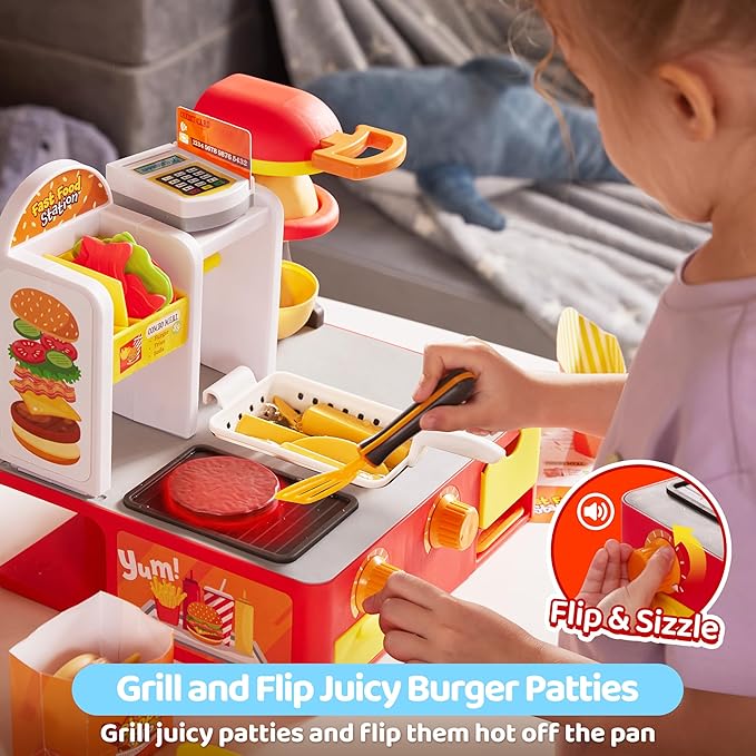 Play Kitchen Toddler Toy - 40+ PCS Fast Food Station with Potato Cutter, Simulated Frying Effect & Lights, Order & Drink Station - Pretend Play Food Toy Birthday Gift for Boys Girls