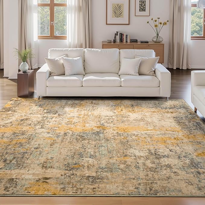 Ompaa Living Room Rug 8x10 Beige Area Rugs Machine Washable Abstract Boho Large Carpet Non-Slip Non-Shedding Faux Wool Indoor Vintage Rug for Bedroom, Classroom, Dining Room, Kids Playroom