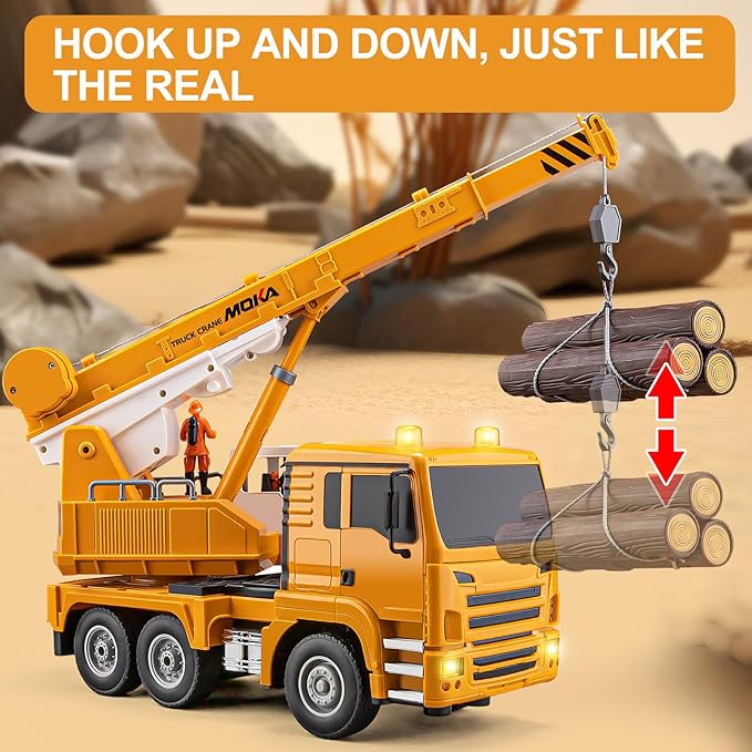 13 Channel RC Crane Truck, 2.4G Remote Control Crane Toy Construction Vehicles with Lights, Sounds, Hook Up and Down, 1:18 Large RC Truck Car for Kids Boys 16.5"