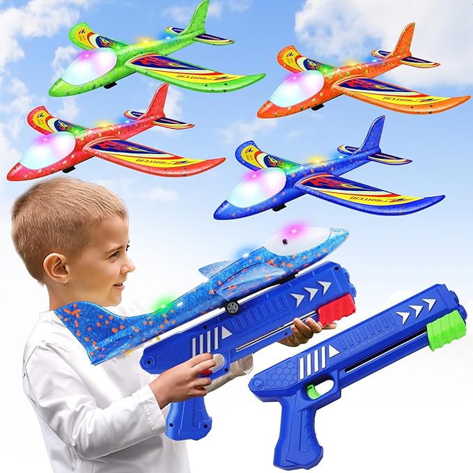 4 Pack Airplane Launcher Toys, 2 Flight Modes LED Foam Glider Catapult Plane Toy for Boys, Outdoor Flying Toys Birthday Gifts for Boys Girls 4 5 6 7 8 9 10 11 12 Year Old