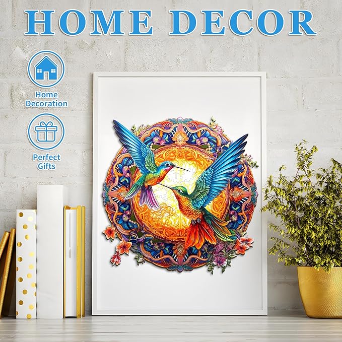 Wooden Jigsaw Puzzles, Mandala Hummingbirds (200pcs-M-11.8 * 11.8in) Wooden Puzzles for Adults Kids, Unique Shape Animal Wood Puzzles Adults Birthday Gifts