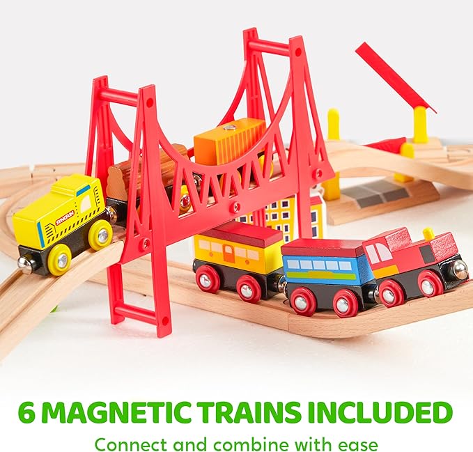 110PCS Wooden Train Set - Urban Journey, City Scene Railway Set with Magnetic Trains, Cars, Helicopter & Ship, Perfect Christmas Birthday Toy Gift for Kids Toddlers Boys Girls Ages 3-8