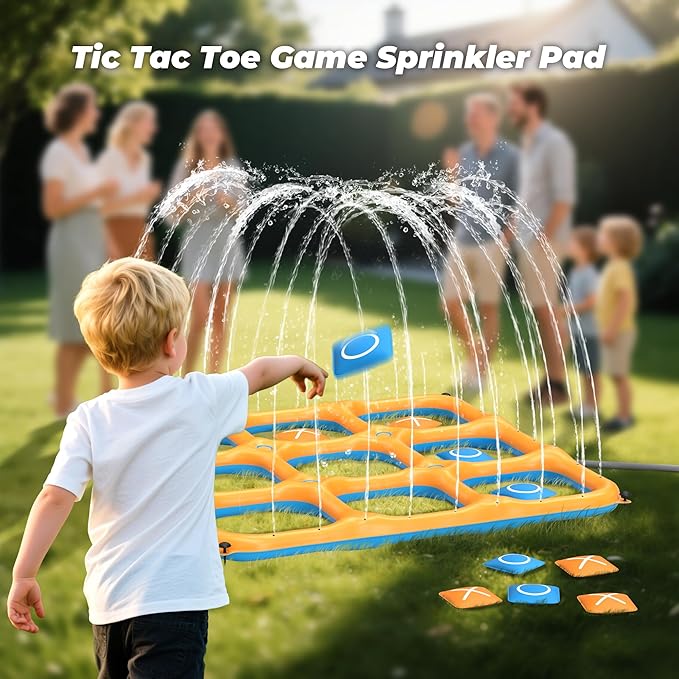 JOSEN Sprinkler for Kids, 60" x 60" Outdoor Water Play Splash Pad with Tic Tac Toe Game for Kids & Adults - Summer Backyard Fun, Giant Sprinkler Water Toy for Family Parties - Orange