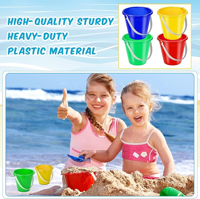 24 Pcs 5 Inch Beach Bucket Sand Buckets Colorful Fun Plastic Pails and Sandcastle Mold for Kids Toddler Tool Summer Beach Theme Birthday Party Favors Bulk Play Castle Water Pool, 4 Colors