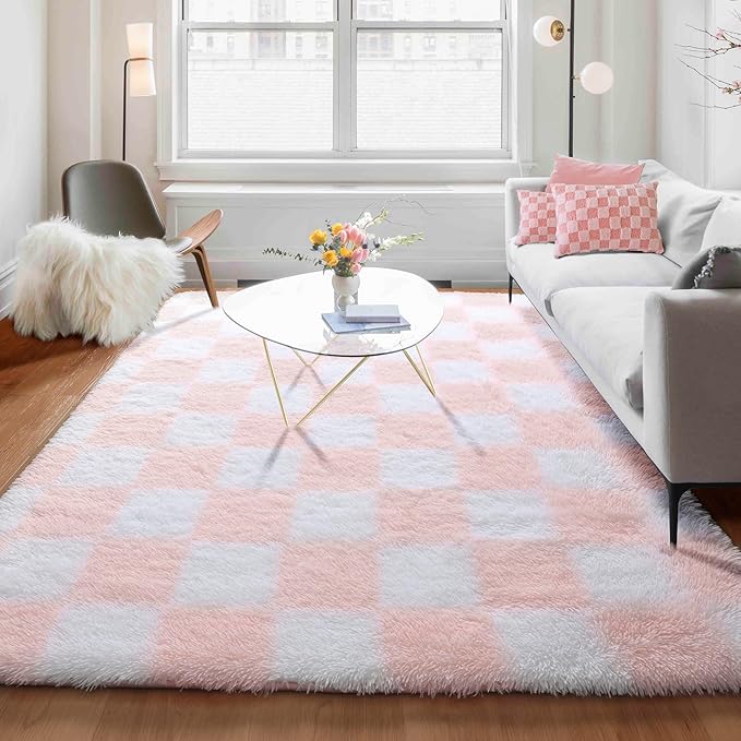 KICMOR 5x8 Area Rugs for Living Room, Light Pink and White Fluffy Shag Large Fuzzy Plush Soft Bedroom Carpets, Indoor Floor Shaggy Checkered Rug for Kids Baby Girls Room Playroom Nursery Home Decor
