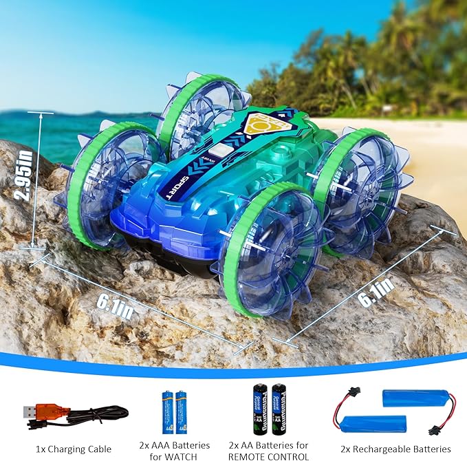 Amphibious Remote Control Car, 4WD Waterproof RC Stunt Car Toys with LED Lights, 360°Rotation RC Boat Water Beach Pool Toys for Boys, Christmas Birthday Gifts Toys for Kid Ages 4-7 8-12 Year Old