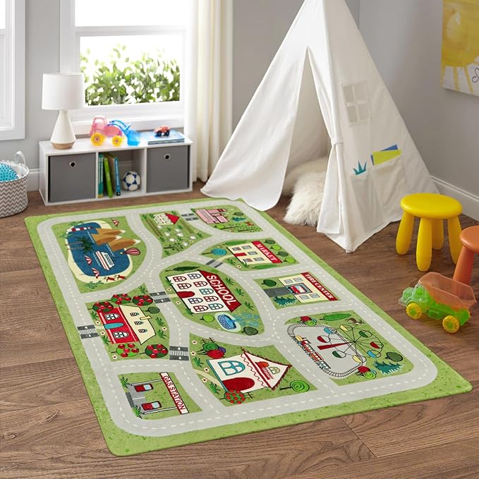 LIVEBOX Green Washable Playroom Rug, 4'x6' Non-Slip Soft Car Rug for Boys Room, Baby Nursery, Kids Floor Mats for Boys Girls Dorm Toy Room Tent