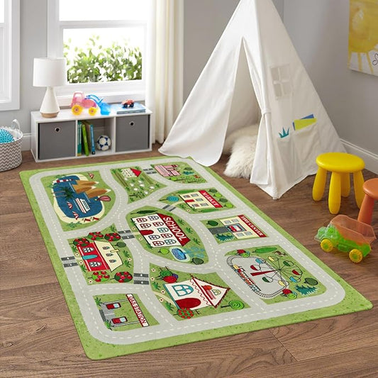 LIVEBOX Green Washable Playroom Rug, 4'x6' Non-Slip Soft Car Rug for Boys Room, Baby Nursery, Kids Floor Mats for Boys Girls Dorm Toy Room Tent