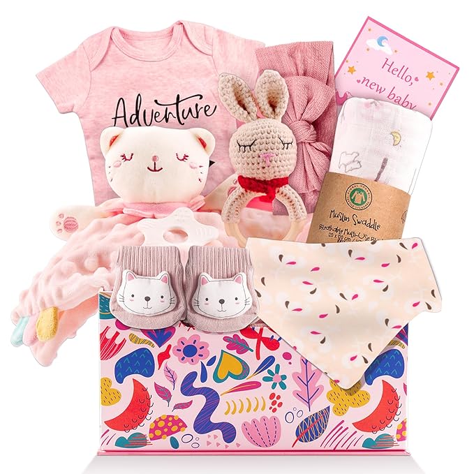 Baby Girl Gifts,Baby Gifts for Girls,Newborn Baby Gifts for Girls,Baby Shower Gifts for Girl,Newborn Baby Girls Gift Basket,Unique Pink Newbaby Gift Set (9pcs)
