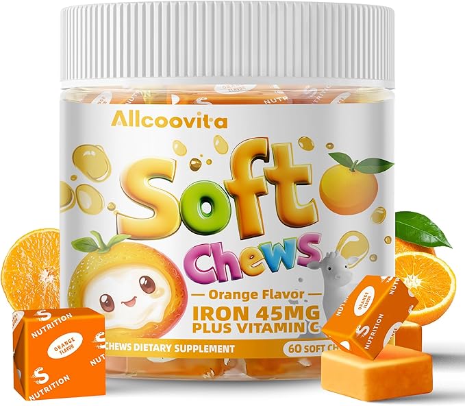 Iron Soft Chews Supplement with Vitamin C | Orange Flavored | Gluten Free | Iron Supplement for Women Men and Kids | 60 Count | 2 Month Supply