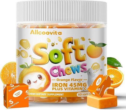 Iron Soft Chews Supplement with Vitamin C | Orange Flavored | Gluten Free | Iron Supplement for Women Men and Kids | 60 Count | 2 Month Supply