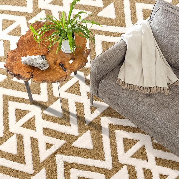 Ompaa Ultra Soft Shaggy Rugs Memory Foam Bedroom Carpet, Beige 5 x 8 Feet, Plush Geometric Textured Area Rugs for Living Room Couch Dorm Bedside Kids Girls Teens Room Nursery Decor Floor Mat