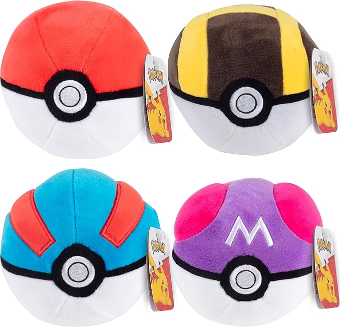 Pokemon 5" Poké Ball Plush 4-Pack - Pokeball, Great, Ultra, Master - Officially Licensed - Soft Stuffed Toy with Weighted Bottom - Gift for Kids, Boys, Girls - 2+