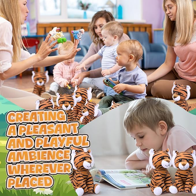 12 Pieces Tiger Stuffed Animal 6 Inch Sitting Tiger Plush Toys Lifelike and Cute Animal Dolls Gifts for Boys and Girls Birthday Favors Gifts Forest Party Decor