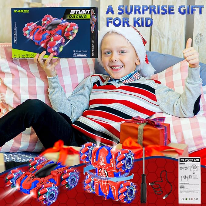 Spider Remote Control Car for Boys, Rechargeable RC Cars Toys with Cool Lights, 2.4Ghz Double Sided Drift RC Stunt Cars, 360°Rotating 4WD Off-Road Race Car for 4-6 6-12 Boy Kids Gifts