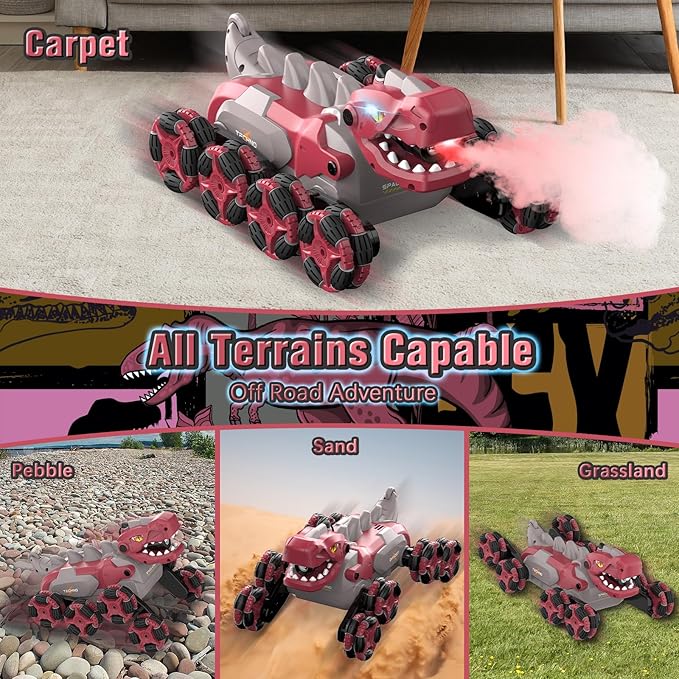 Dinosaur Remote Control Car - 8WD RC Toys for 4 5 6 7 8 Year Old Boys, 2.4Ghz RC Transform Stunt Monster Car with 360°Rotating/Spray/Roar, Birthday Xmas Gifts for Kids Age 4-6 5-7 8-12