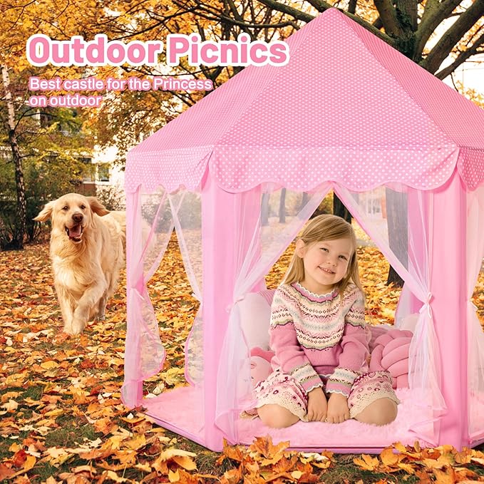 Princess Tent for Girls Indoor: with Rug, Star Lights - Pink Play Tent for Kids, Girls Toys for Indoor and Outdoor Games, Princess Castle Playhouse