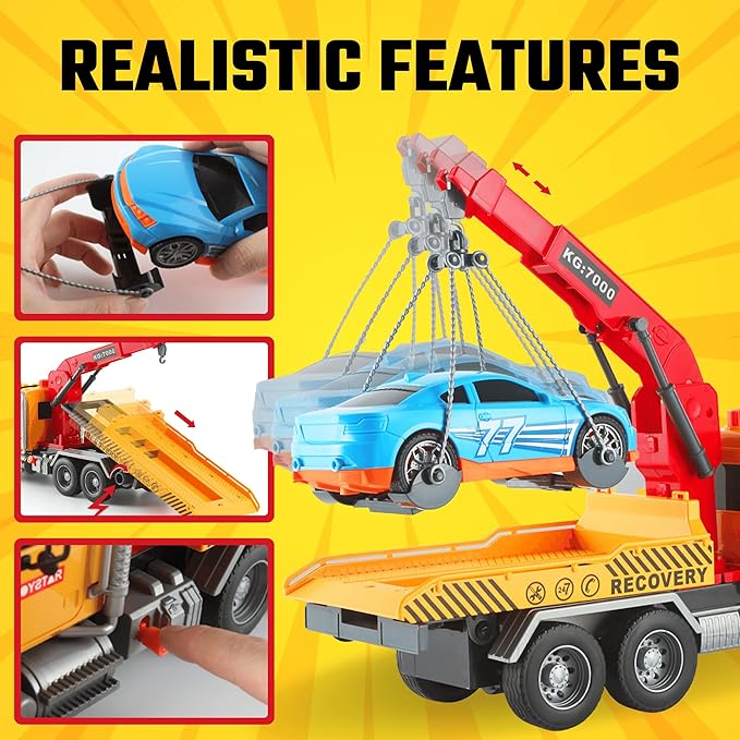 MOBIUS Toys Tow Truck Flatbed and Crane with Race Car Playset – Large 15" Rescue Vehicle Toy w/Friction Push & Go, Lights & Sounds, Birthday Gift for Kids, Toddlers, Girls & Boys Ages 3-8