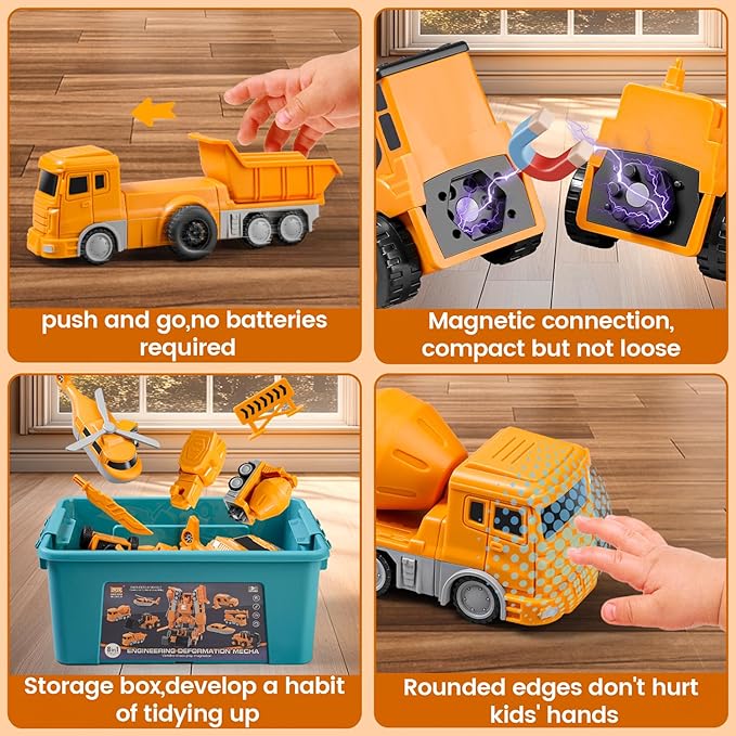 Magnetic Transform Engineering Car Assembled Toys with Storage Box, Robot Magnetic Blocks Toy, Construction Vehicle Engineering Cars for Kids Ages 3-9 Toddler Activities - 35 Pieces